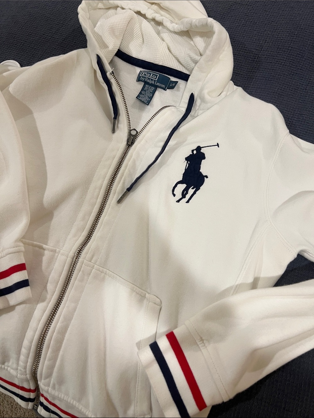Polo by Ralph Lauren White mens Zip Hoodie with Navy Pony and Red/Navy Stripe
